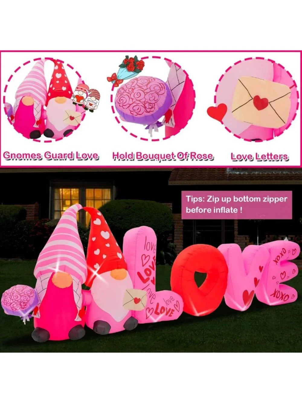 12FT Valentine's Day Inflatable Gnome with Rose - LED Outdoor Yard Decor, Spring